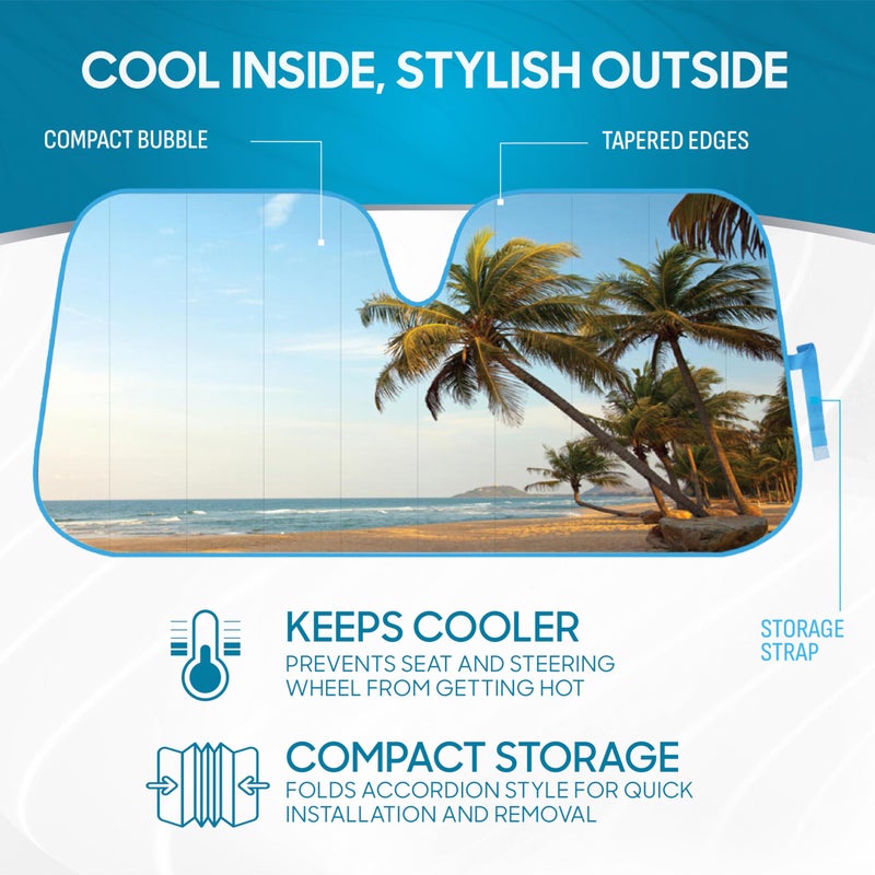 BDK ظل شمس أمامي على شكل شجرة نخيل جزيرة استوائية قابل للطي - ستائر نوافذ سيارات لطيفة لحماية السيارة والشاحنة من أشعة الشمس - واقي من الأشعة فوق البنفسجية - يحافظ على برودة المركبة - 58 × 27 بوصة - Image 2